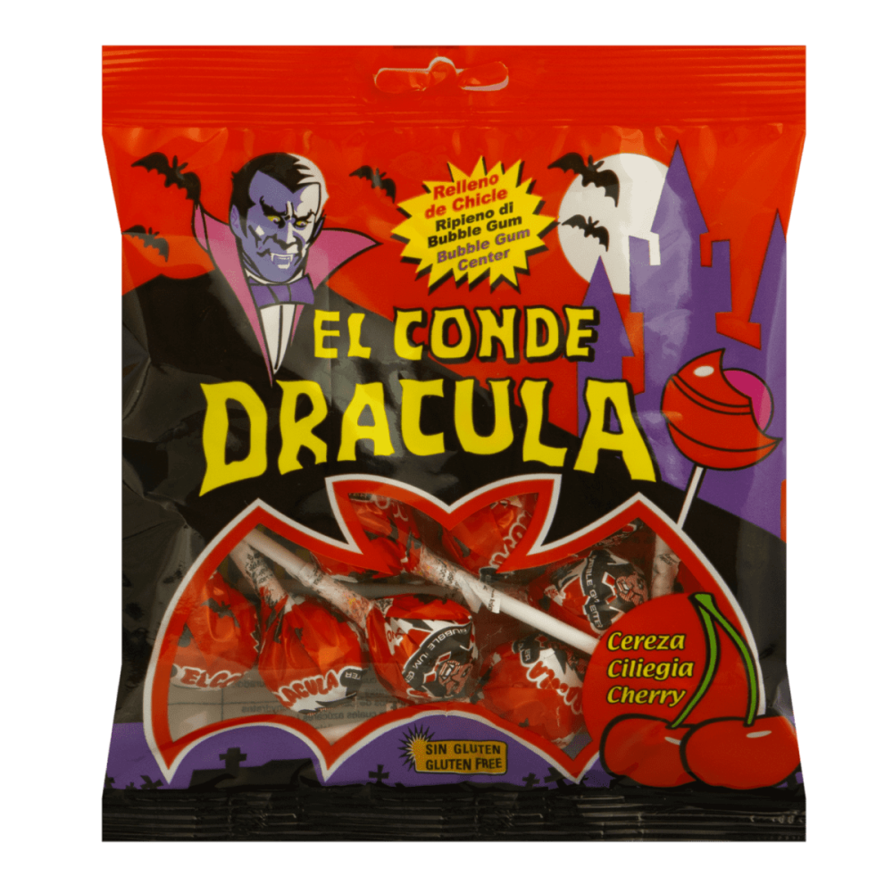 Caramelo con palo Drácula relleno de chicle bolsita 85gr. - Imagen 3
