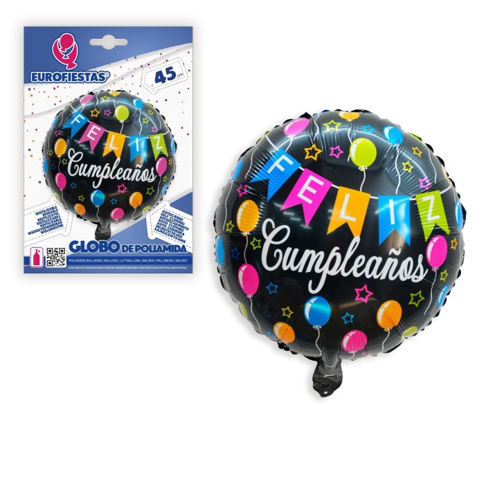 Globo Foil Negro Redondo Feliz Cumple globos y estrellas 45cm. REF. 17191